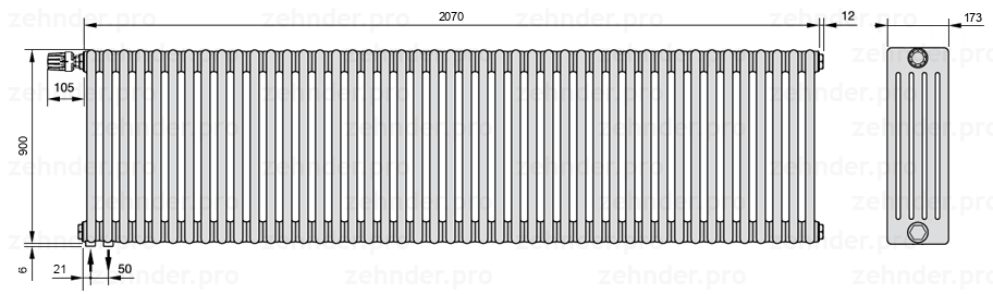 Схема (чертеж) Радиатор Zehnder Charleston 5090/45 №V001 Белый глянцевый RAL 9016